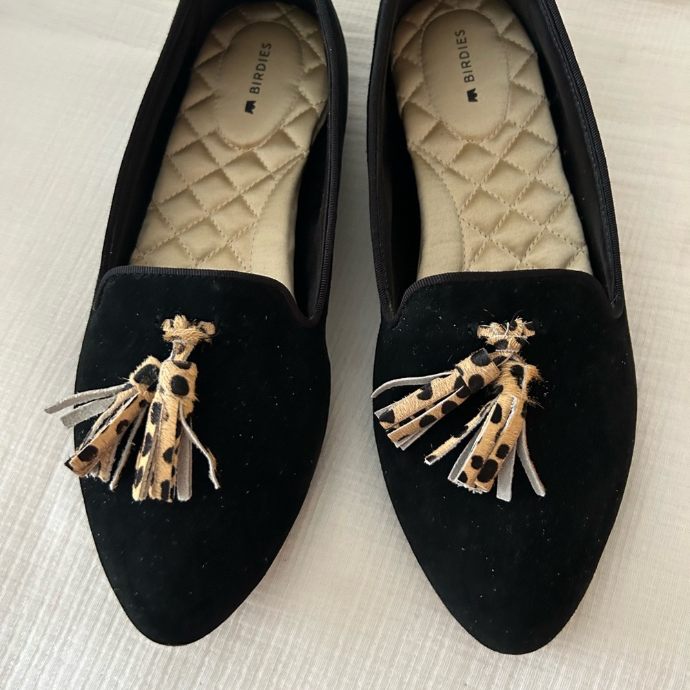 Birdies Women's Black Loafers with Leopard Tassels